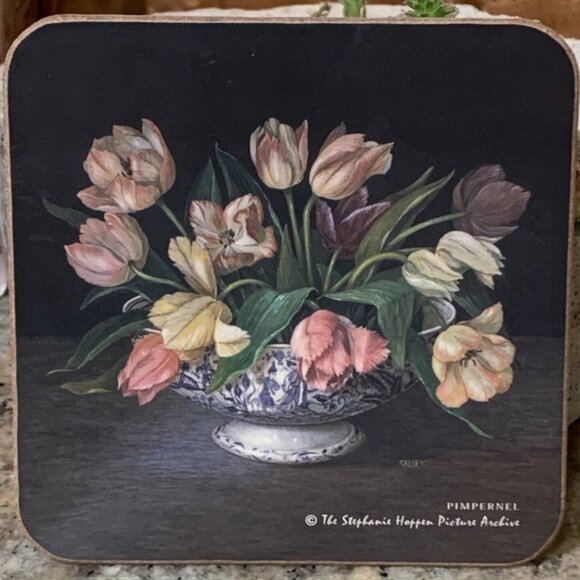 (4) Pimpernel Coasters Antique Tulips 4” Square Stephanie Hoffen - Picture 4 of 4